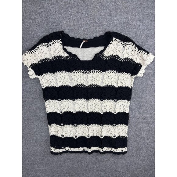 Free People Sweater Womens Small Black White Striped Crochet Open Knit Boho Top - Picture 1 of 6